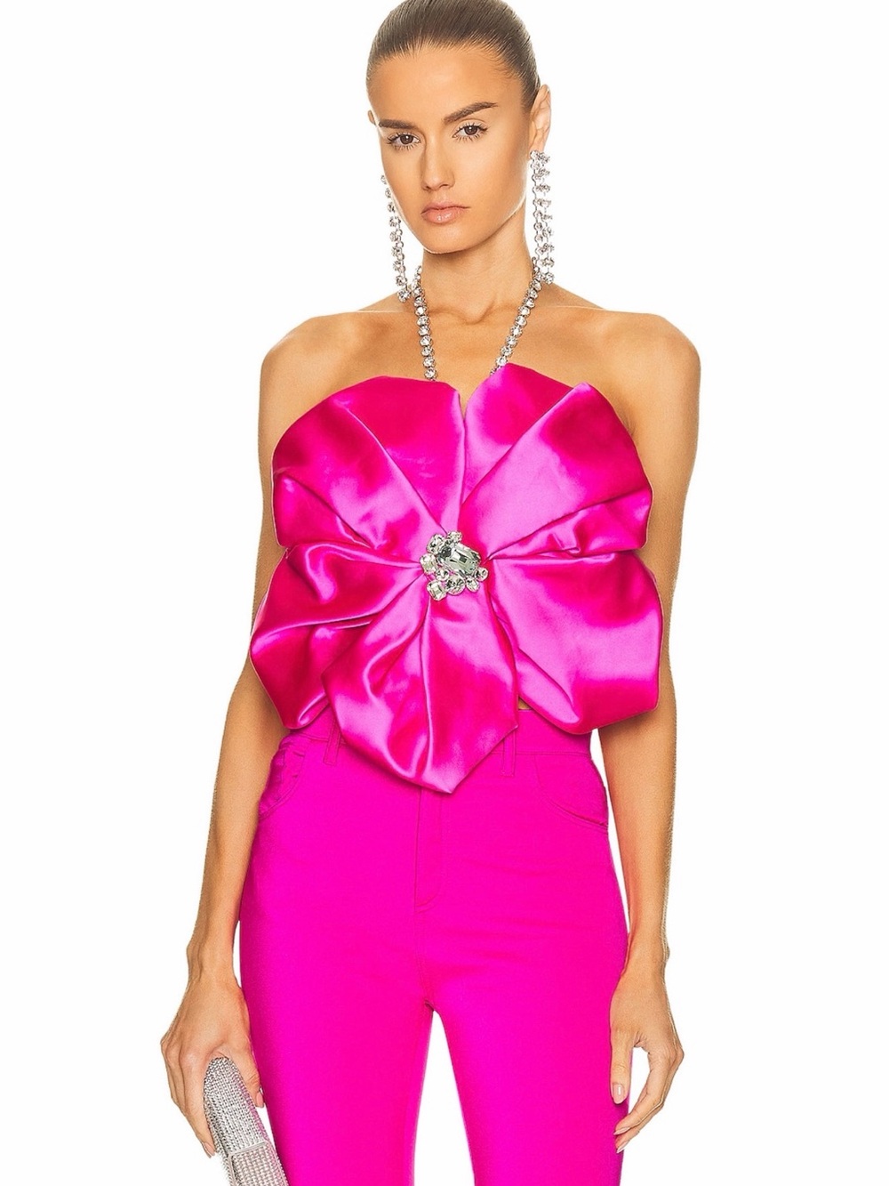 AREA Strapless Satin Floral Applique Top in Hot Pink Size XS Like New